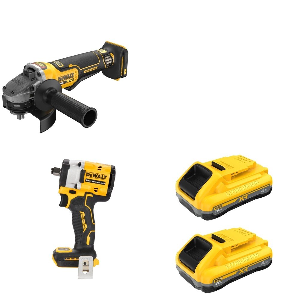 DeWalt DCG410B Angle Grinder W/ DCB2104-2 POWERPACK 4Ah 2-Pack and DCF921B ATOMIC Impact Wrench