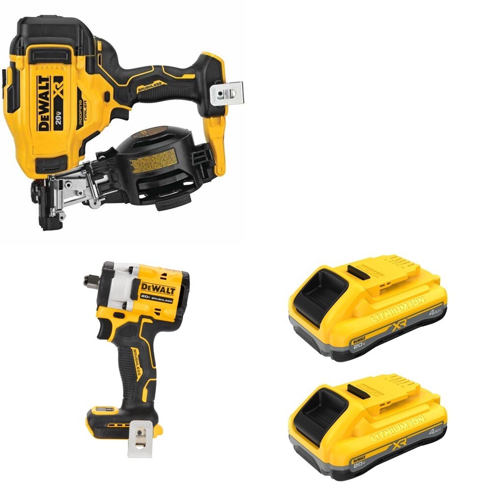DeWalt DCN45RNB Roofing Nailer W/ DCB2104-2 POWERPACK 4Ah 2-Pack and DCF921B Impact Wrench
