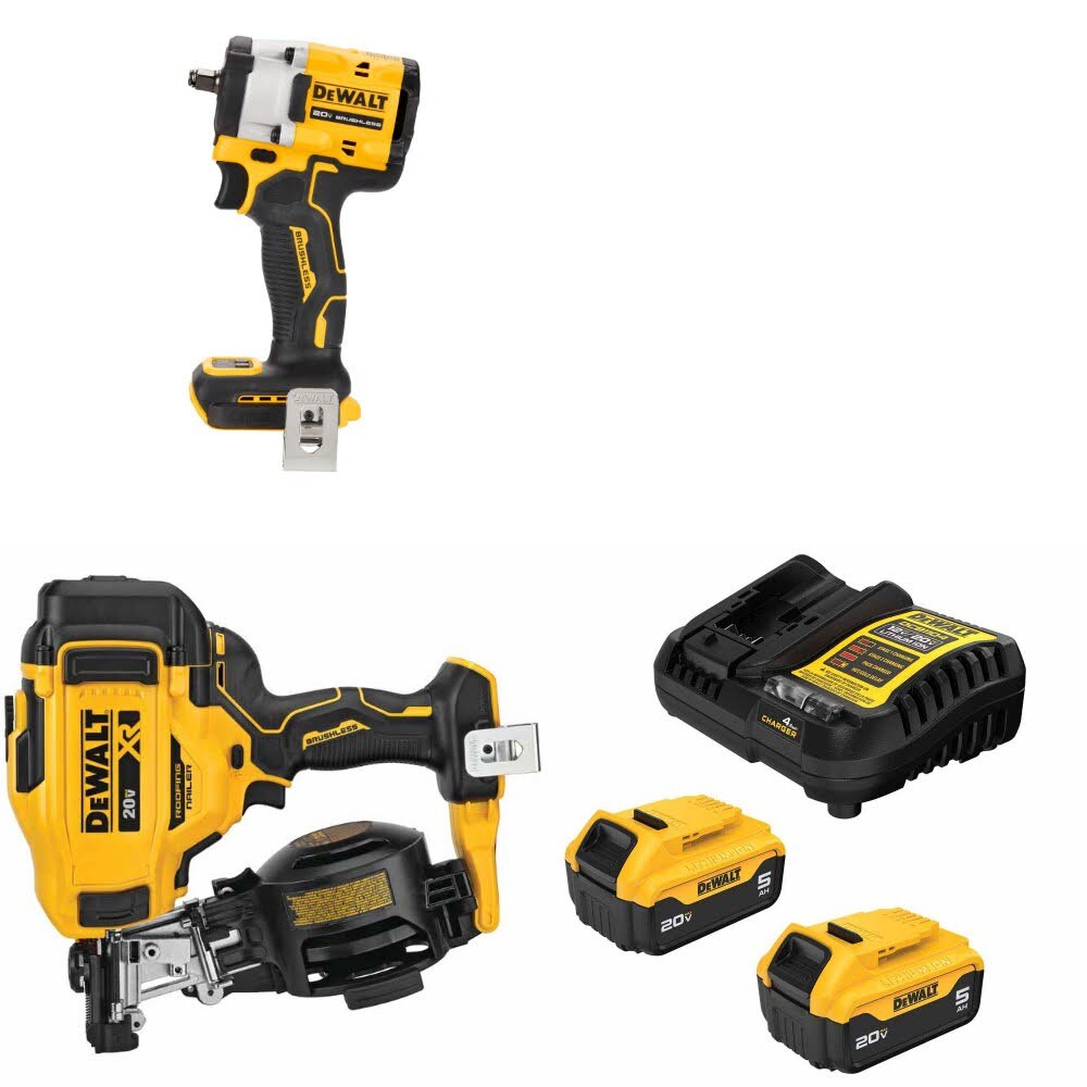 DeWalt DCF923B 20V MAX Impact Wrench Kit W/ DCN45RNB Roofing Nailer and FREE DCB205-2C Battery Kit