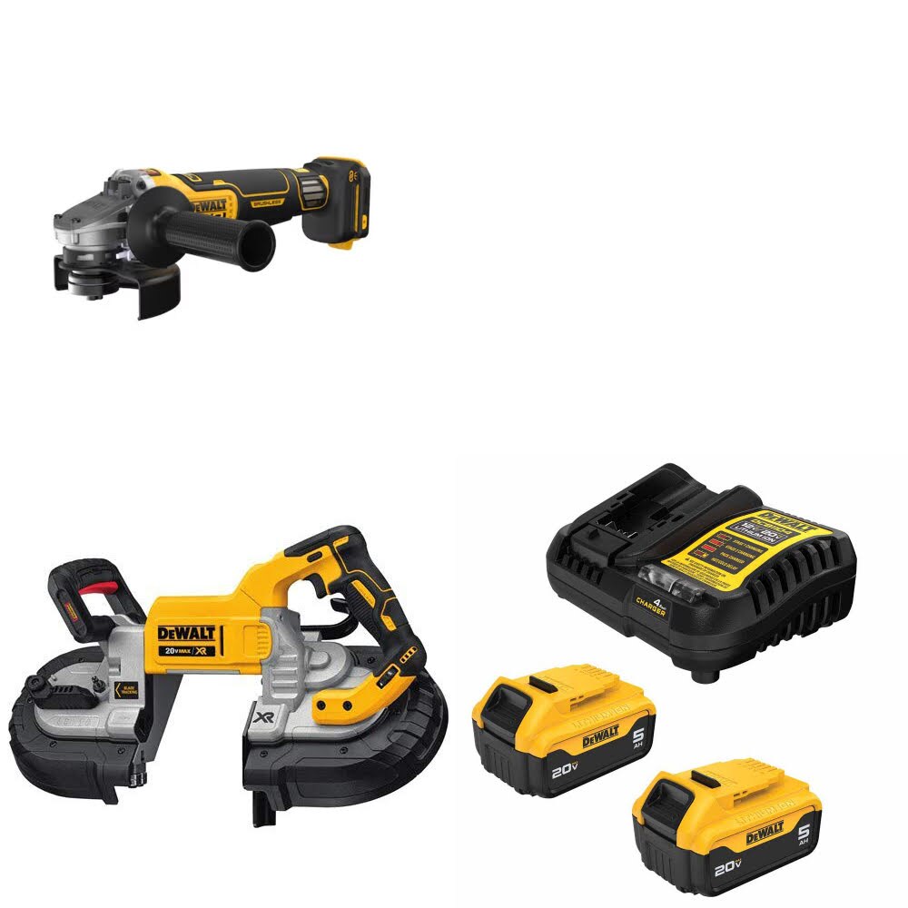 DeWalt DCG410VSB Grinder Kit W/ DCS376B Bandsaw and FREE DCB205-2C Battery Kit