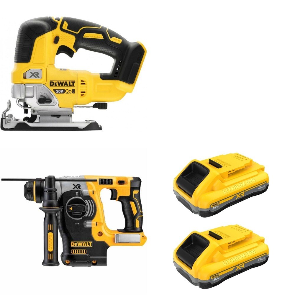 DeWalt DCH273B SDS-Plus Rotary Hammer W/ DCB2104-2 POWERPACK 4Ah 2-Pack and DCS334B Jig Saw