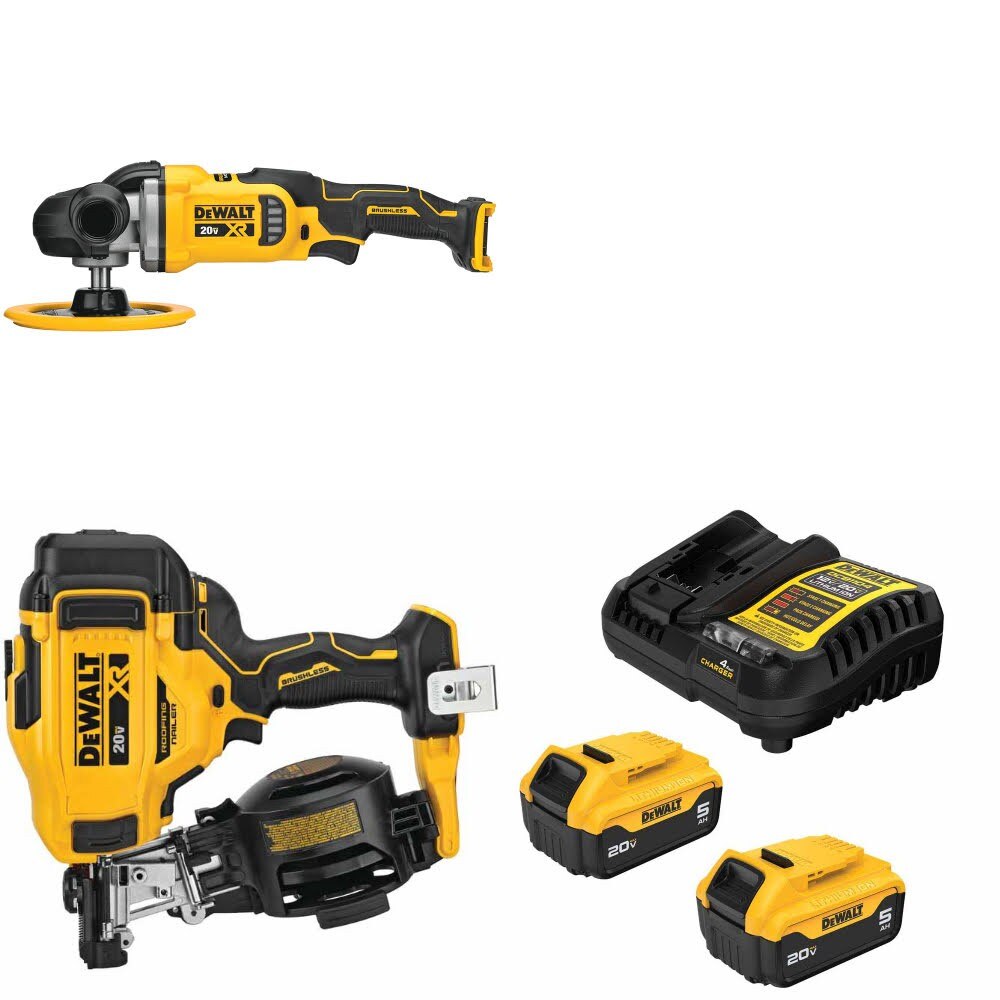 DeWalt DCM849B 20V MAX Rotary Polisher Kit W/ DCN45RNB Roofing Nailer and FREE DCB205-2C Battery Kit