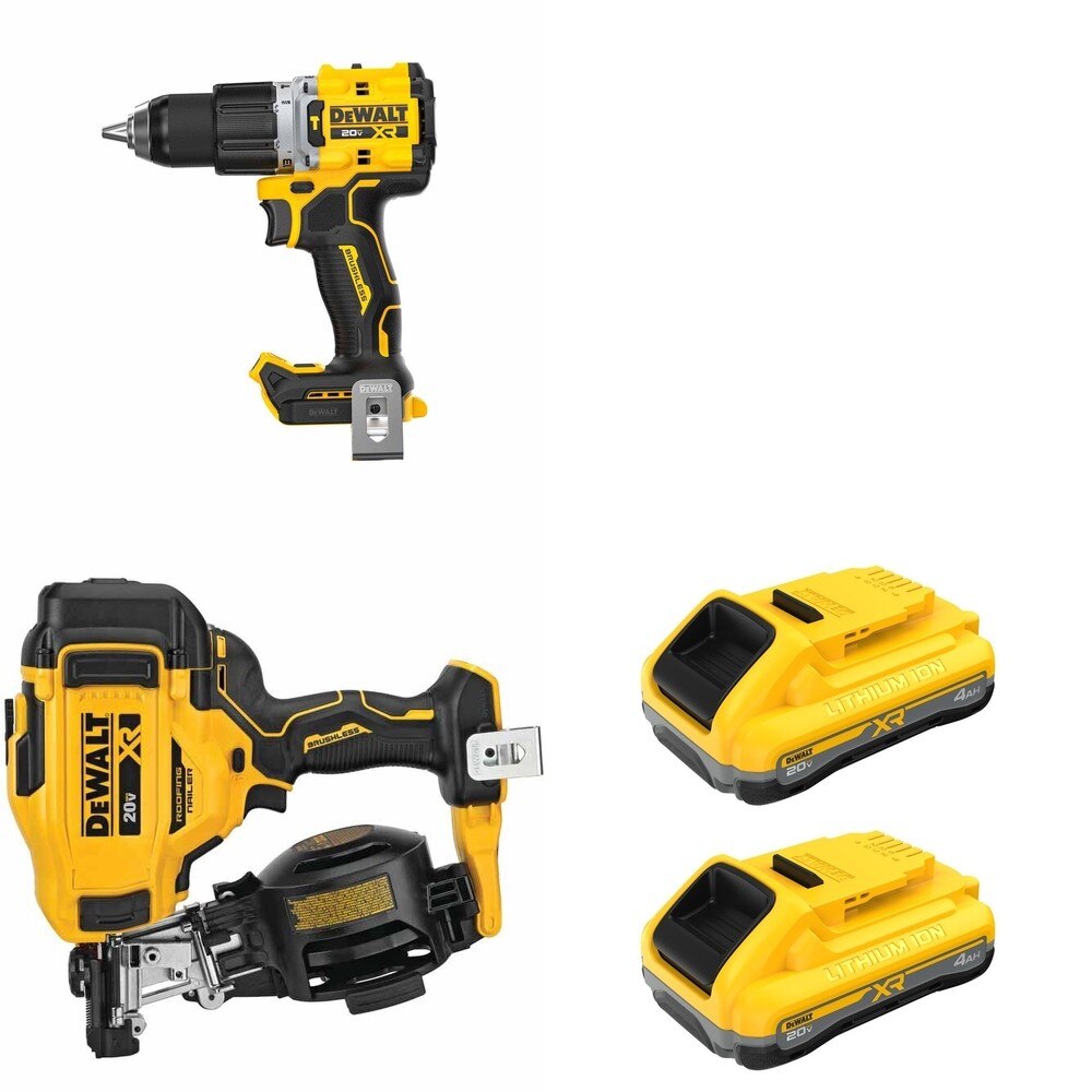 DeWalt DCN45RNB Roofing Nailer W/ DCB2104-2 POWERPACK 4Ah 2-Pack and DCD806B Hammer Drill