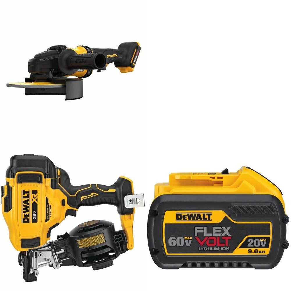 DeWalt DCN45RNB Roofing Nailer W/ DCG440B 7 in. Grinder and DCB609 FLEXVOLT 9.0Ah Battery