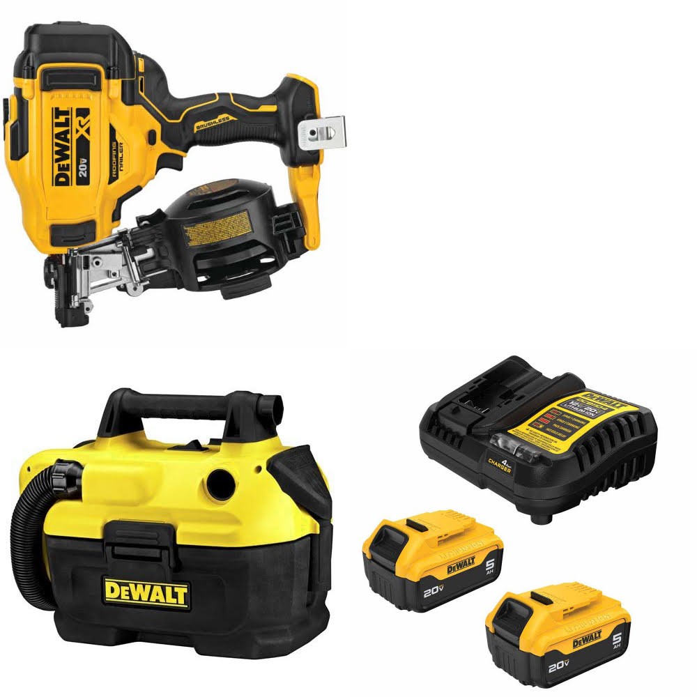 DeWalt DCN45RNB Roofing Nailer Kit W/ DCV580H Wet/Dry Vacuum and FREE DCB205-2C Battery Kit