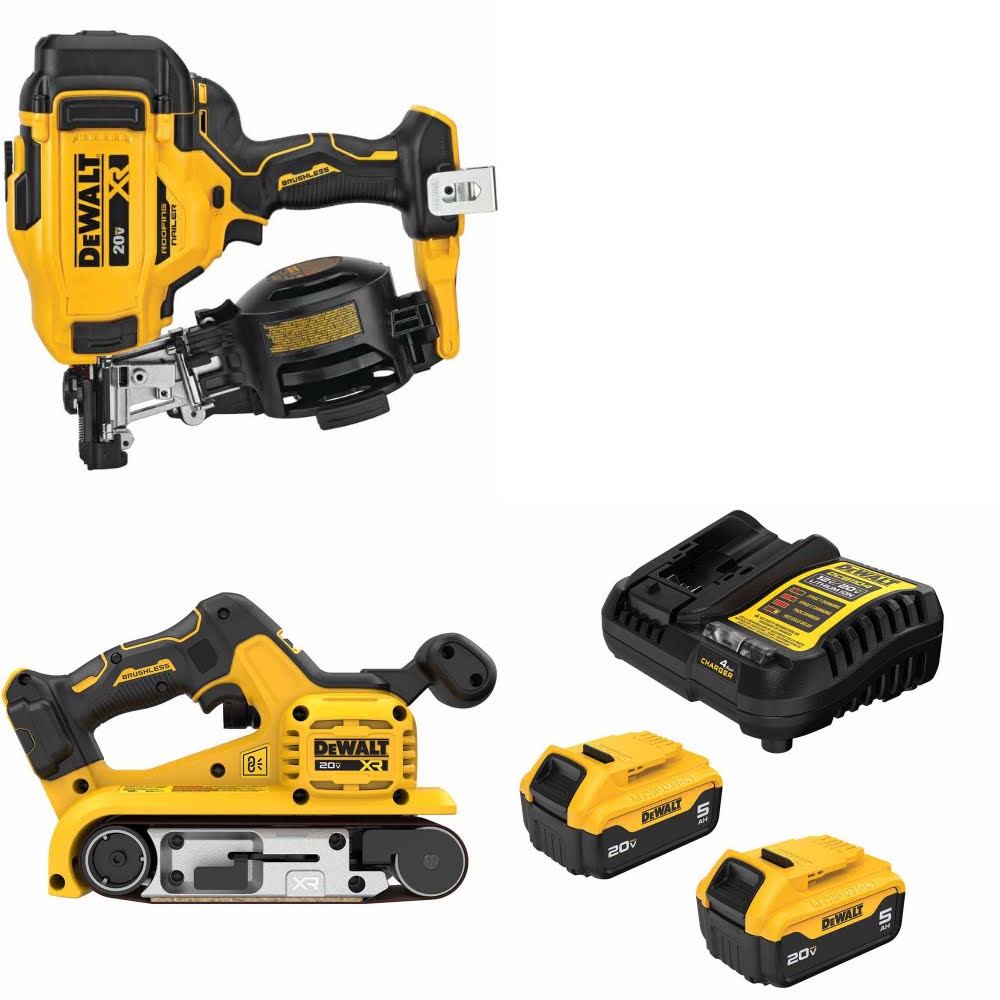 DeWalt DCN45RNB Roofing Nailer Kit W/ DCW220B Belt Sander and FREE DCB205-2C Battery Kit