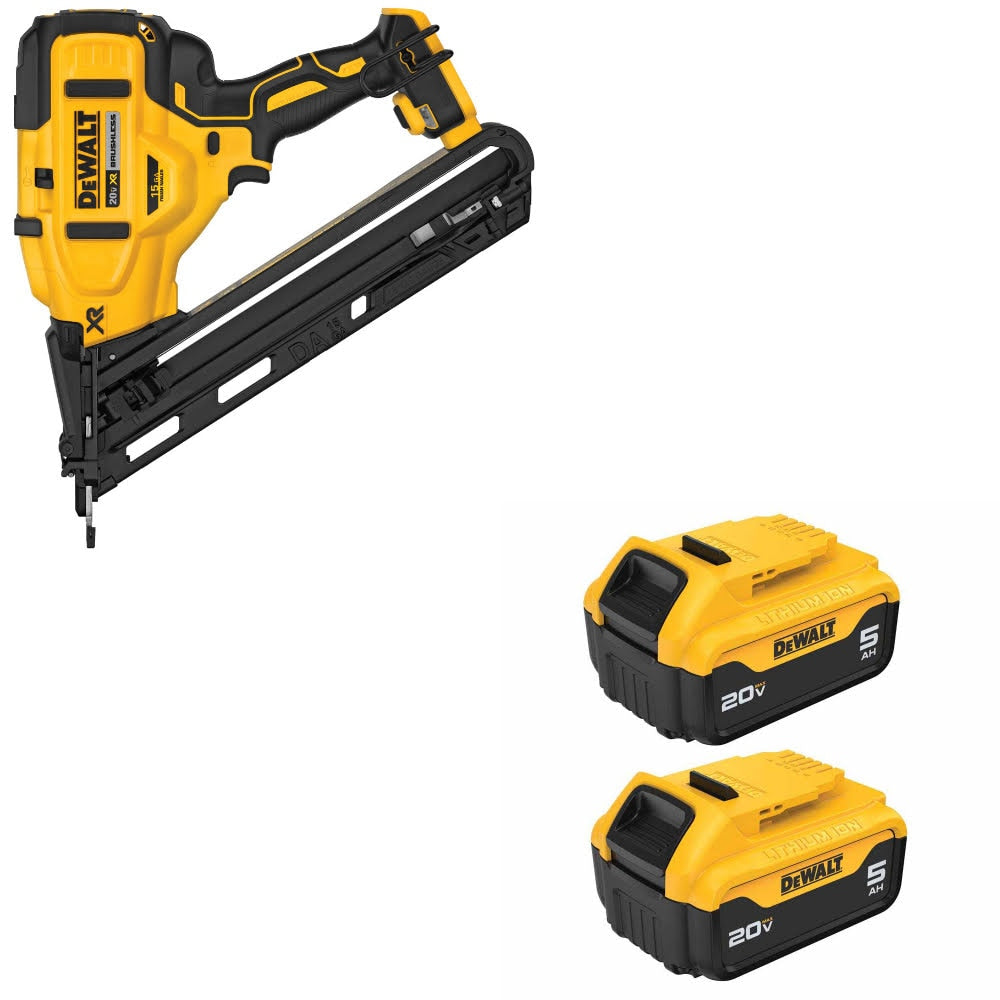 DeWalt DCN650B 20V MAX XR 15Ga Nailer, Bare W/ DCB205-2 20V MAX 5Ah Battery, 2Pk