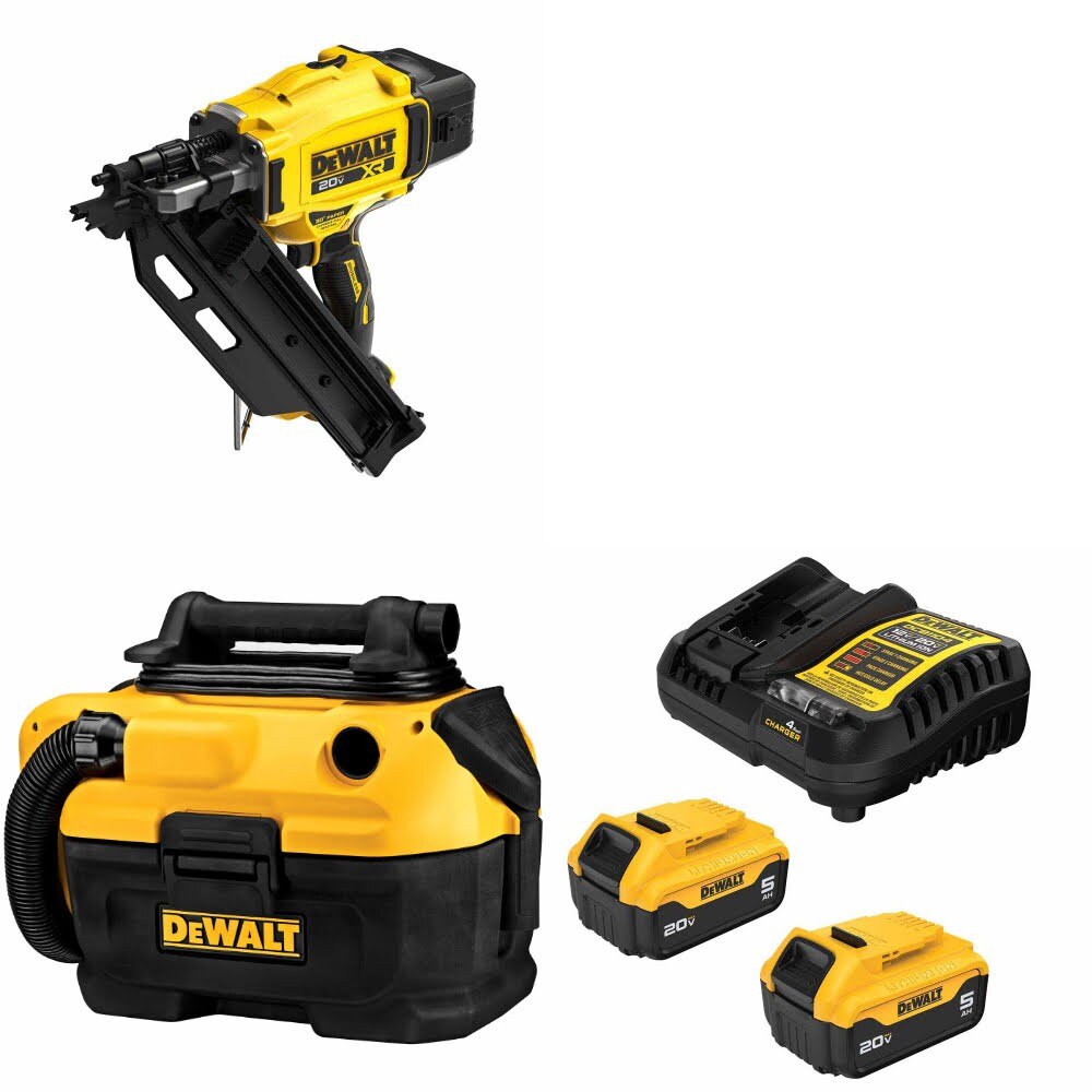 DeWalt DCN930B 20V MAX Framing Nailer Kit W/ DCV581H Wet-Dry Vacuum and FREE DCB205-2C Battery Kit