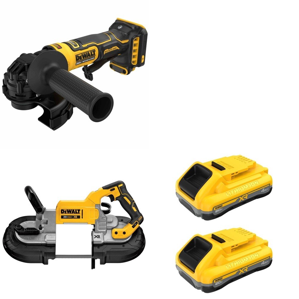 DeWalt DCS374B Deep Cut Band Saw W/ DCB2104-2 POWERPACK 4Ah 2-Pack and DCG402B Angle Grinder