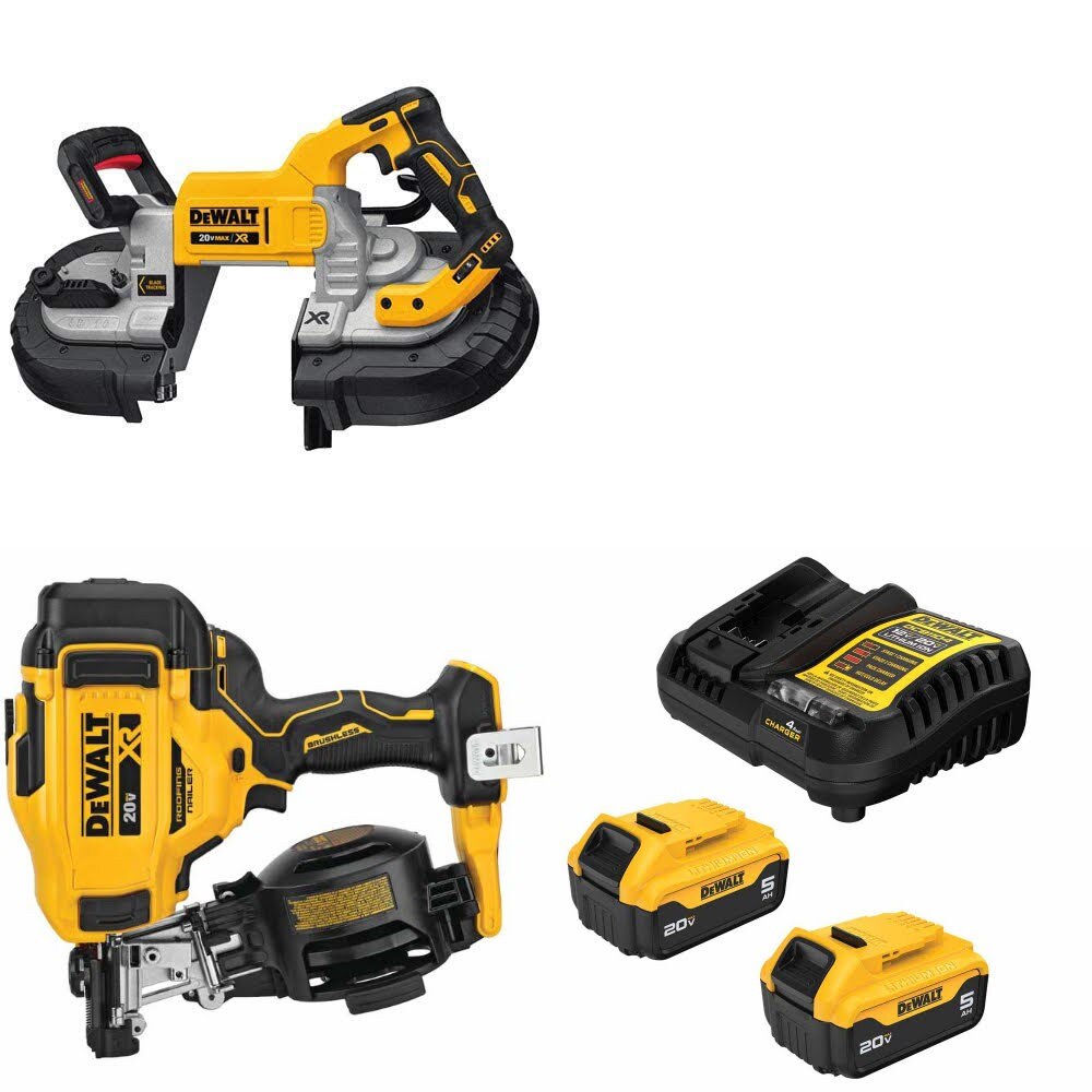 DeWalt DCS376B Bandsaw Kit W/ DCN45RNB Roofing Nailer and FREE DCB205-2C Battery Kit