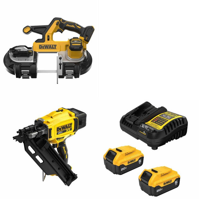 DeWalt DCS378B 20V Band Saw Kit W/ DCN930B 20V Framing Nailer and FREE DCB205-2C 20V 5Ah Battery Kit