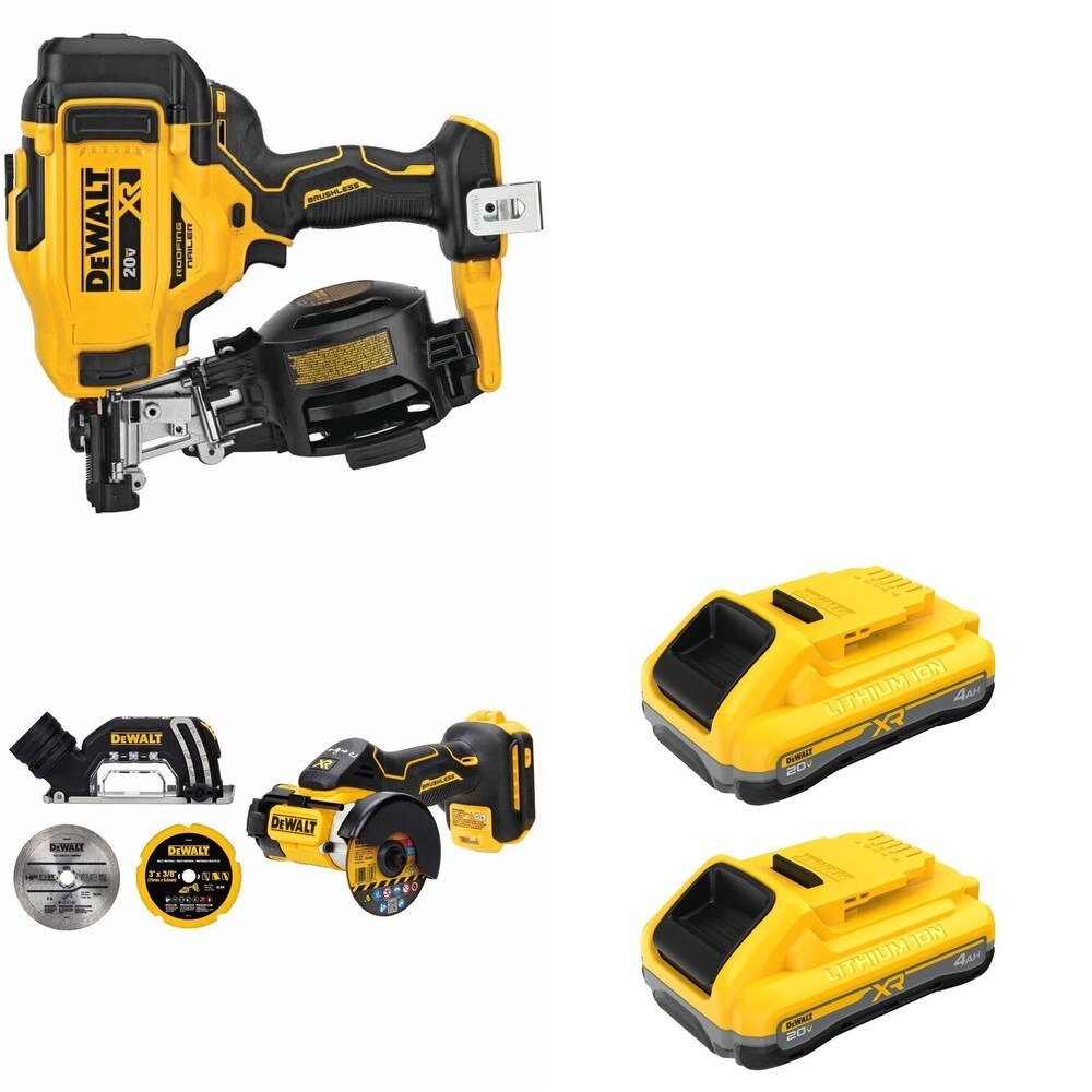 DeWalt DCN45RNB Roofing Nailer W/ DCB2104-2 POWERPACK 4Ah 2-Pack and DCS438B 3 in. Cut-Off Tool