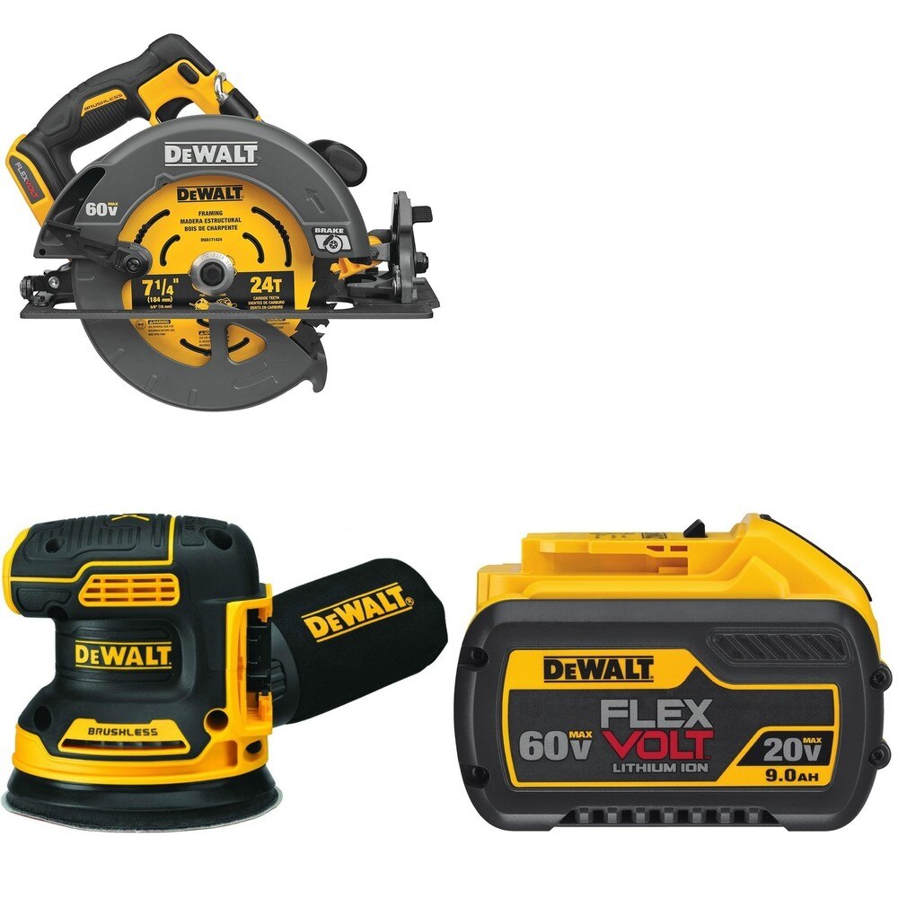 DeWalt DCS578B 7-1/4 in. Circular Saw W/ DCB609 9.0Ah Battery and DCW210B Random Orbital Sander