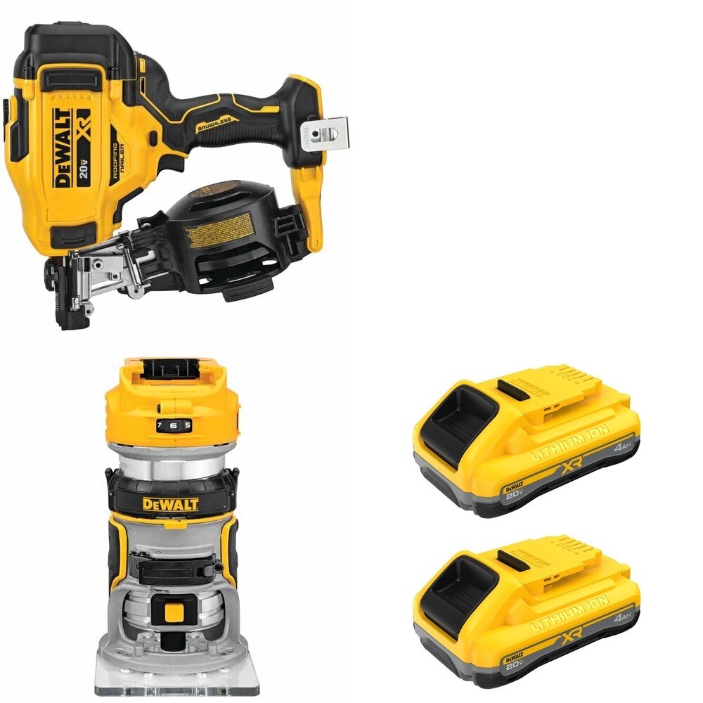 DeWalt DCN45RNB Roofing Nailer W/ DCB2104-2 POWERPACK 4Ah 2-Pack and DCW600B Compact Router