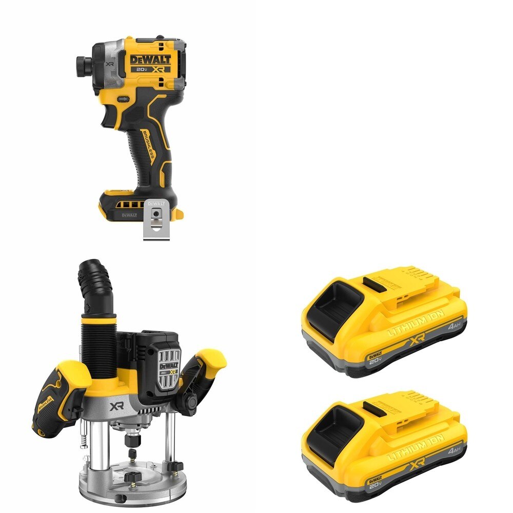 DeWalt DCW620B Plunge Router W/ DCB2104-2 POWERPACK 4Ah 2-Pack and DCF860B Impact Driver