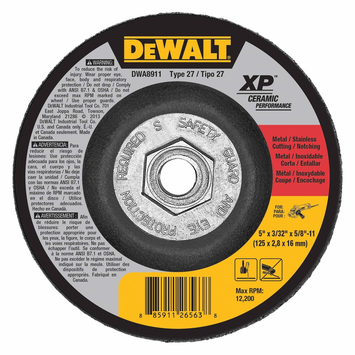 DeWalt DWA8911 5" x 3/32" x 5/8"-11 Ceramic Abrasive Grinding Disk