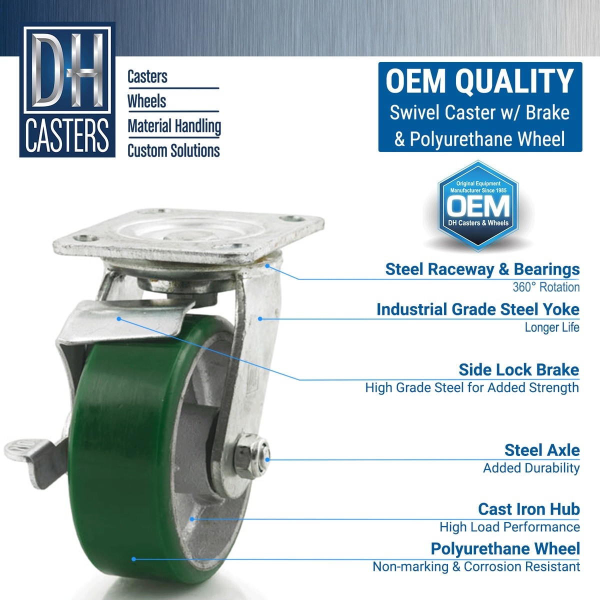 DH Casters C-MHD6DPRSB 6" Heavy Duty Swivel Caster with Brake Non-Marking Polyurethane Wheel - 2