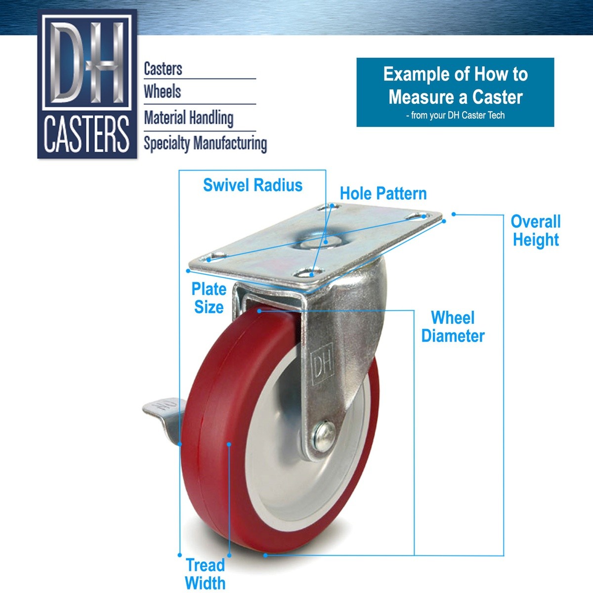 DH Casters C-MHD6DPRSB 6" Heavy Duty Swivel Caster with Brake Non-Marking Polyurethane Wheel - 3