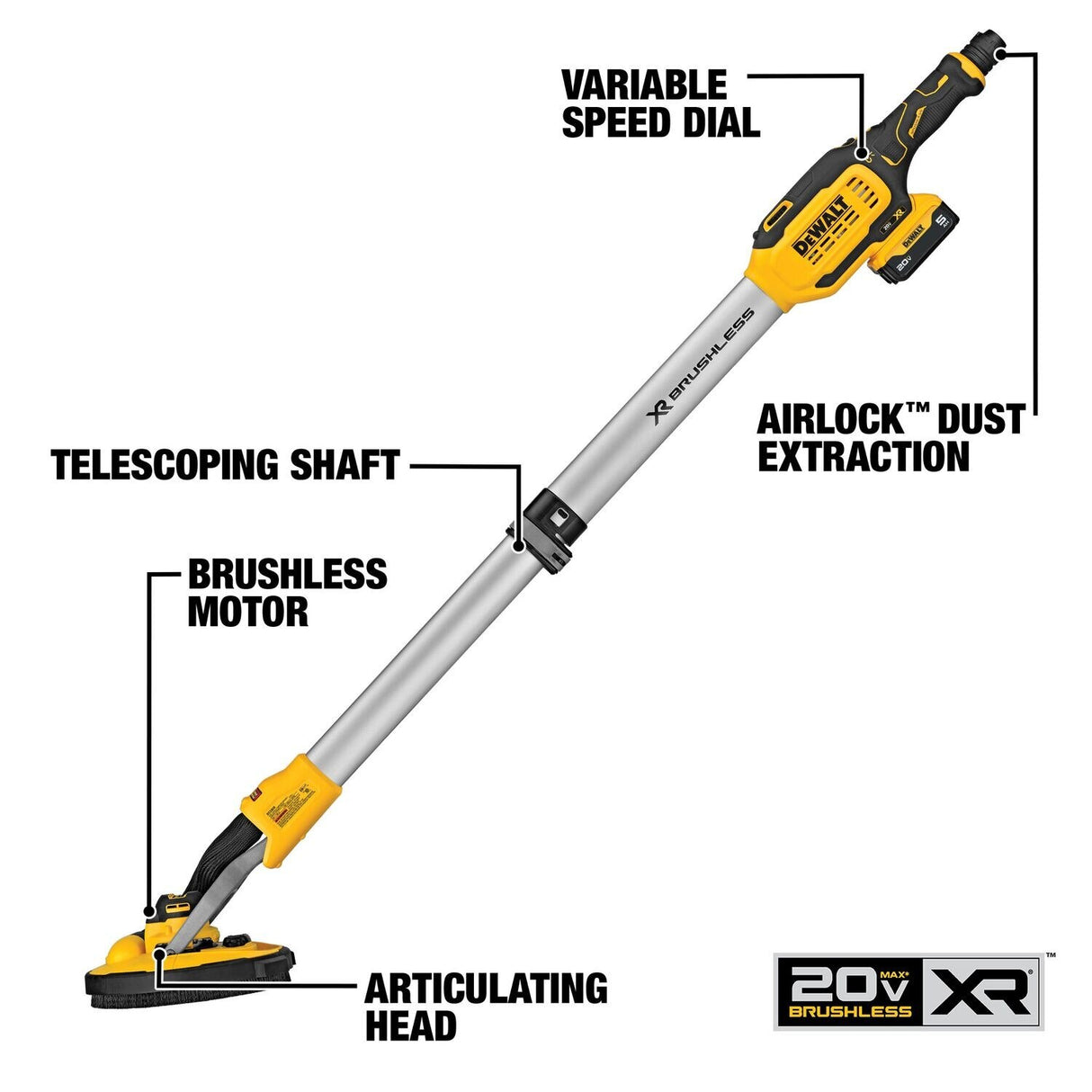 DeWalt DCE800P1 20V Max Brushless Cordless Drywall Sander Kit with Telescoping Shaft and Wireless Tool Control (5Ah Battery, Charger) - 2