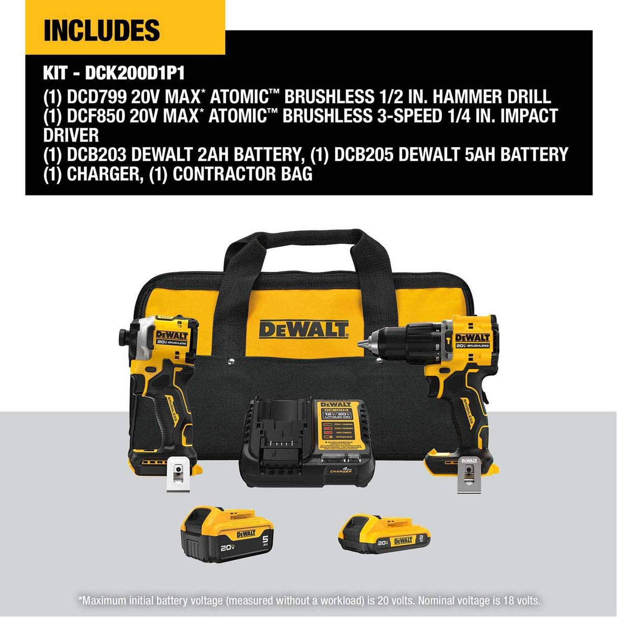 DeWalt DCK200D1P1 20V MAX 2-Tool Hammer Drill/Impact Combo Kit - 2