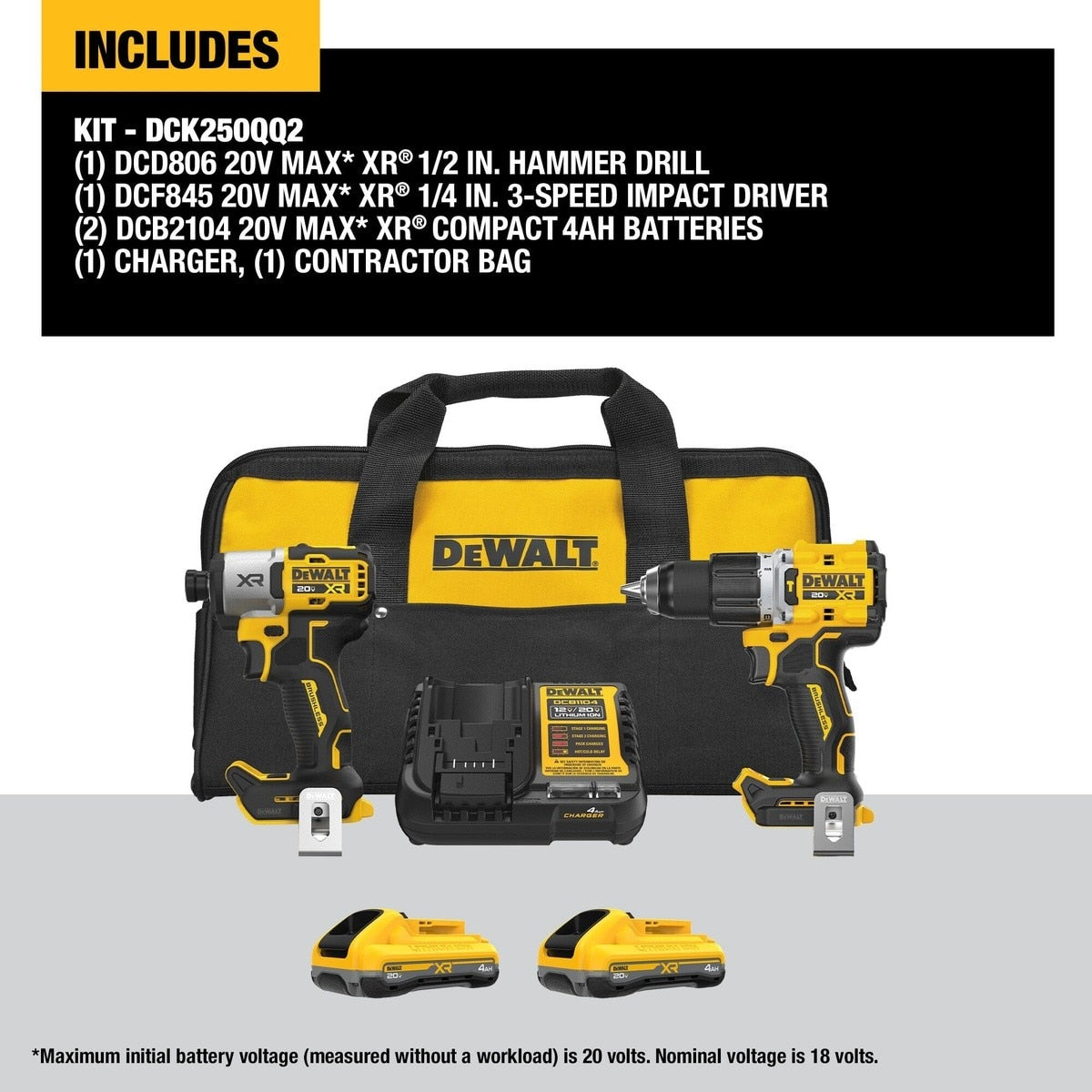 DeWalt DCK250QQ2 20V MAXXR 2-Tool Hammer Drill/Impact Combo Kit with POWERPACK Batteries - 2