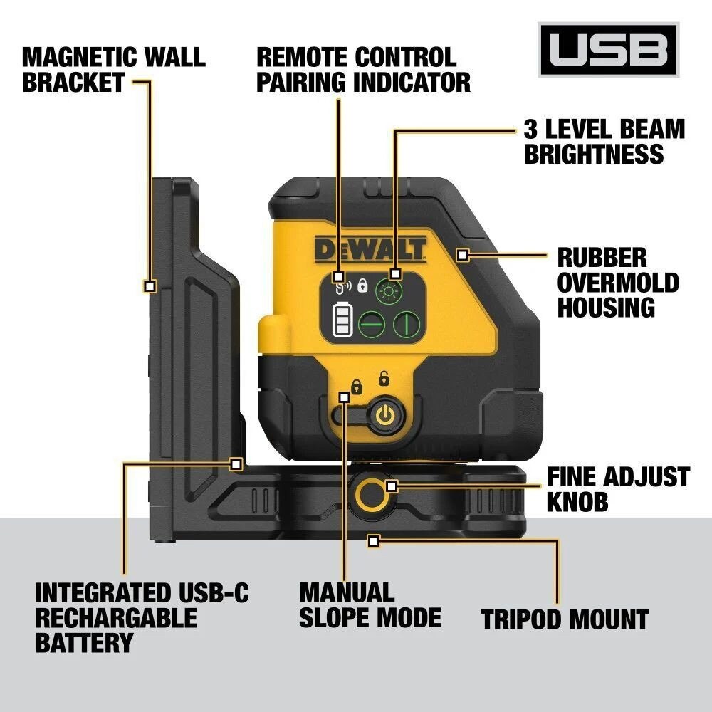 DeWalt DCLE14201GB USB Rechargeable Green Cross Line Laser Base Kit - 2