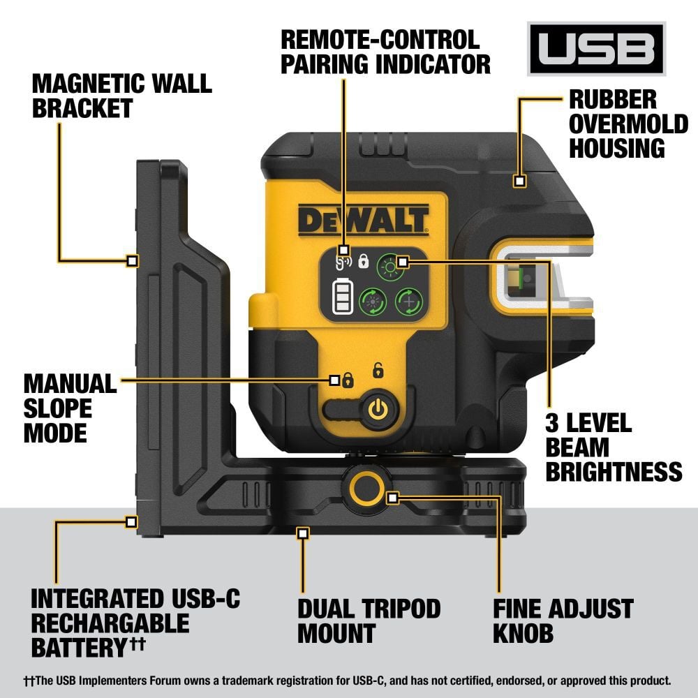DeWalt DCLE14221GB USB Rechargeable Green 2 Spot and Cross Line Laser Base Kit - 2