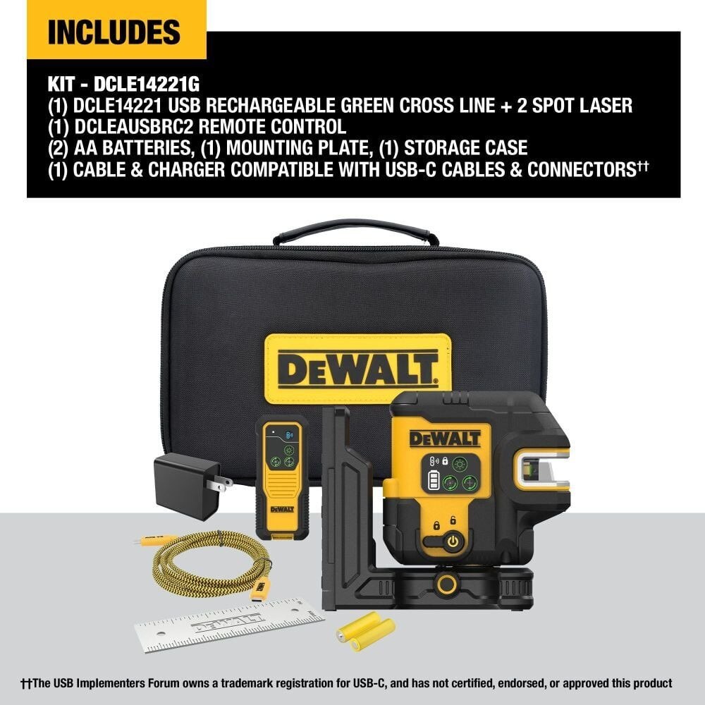 DeWalt DCLE14221G USB Rechargeable Green 2 Spot and Cross Line Laser Kit - 2