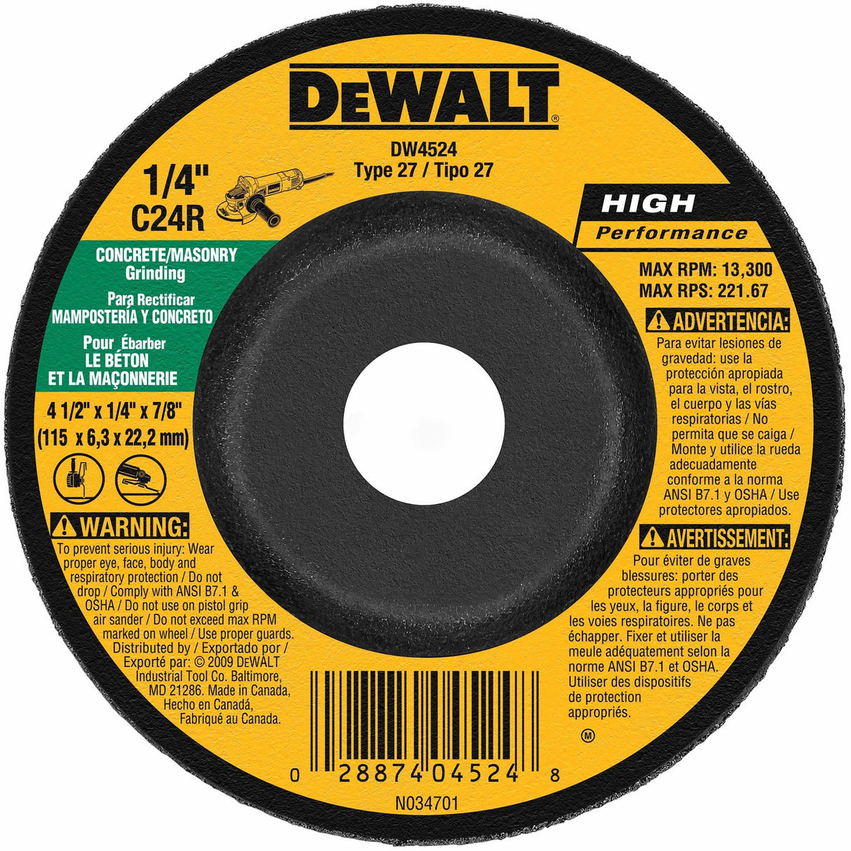 DeWalt DW4524 4-1/2" x 1/4" x 7/8" Concrete/Masonry Grinding Wheel