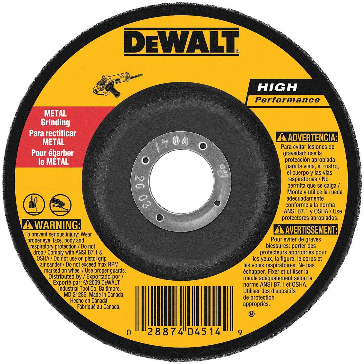 DeWalt DW4619 5" x 1/4" x 7/8" General Purpose Metal Grinding Wheel