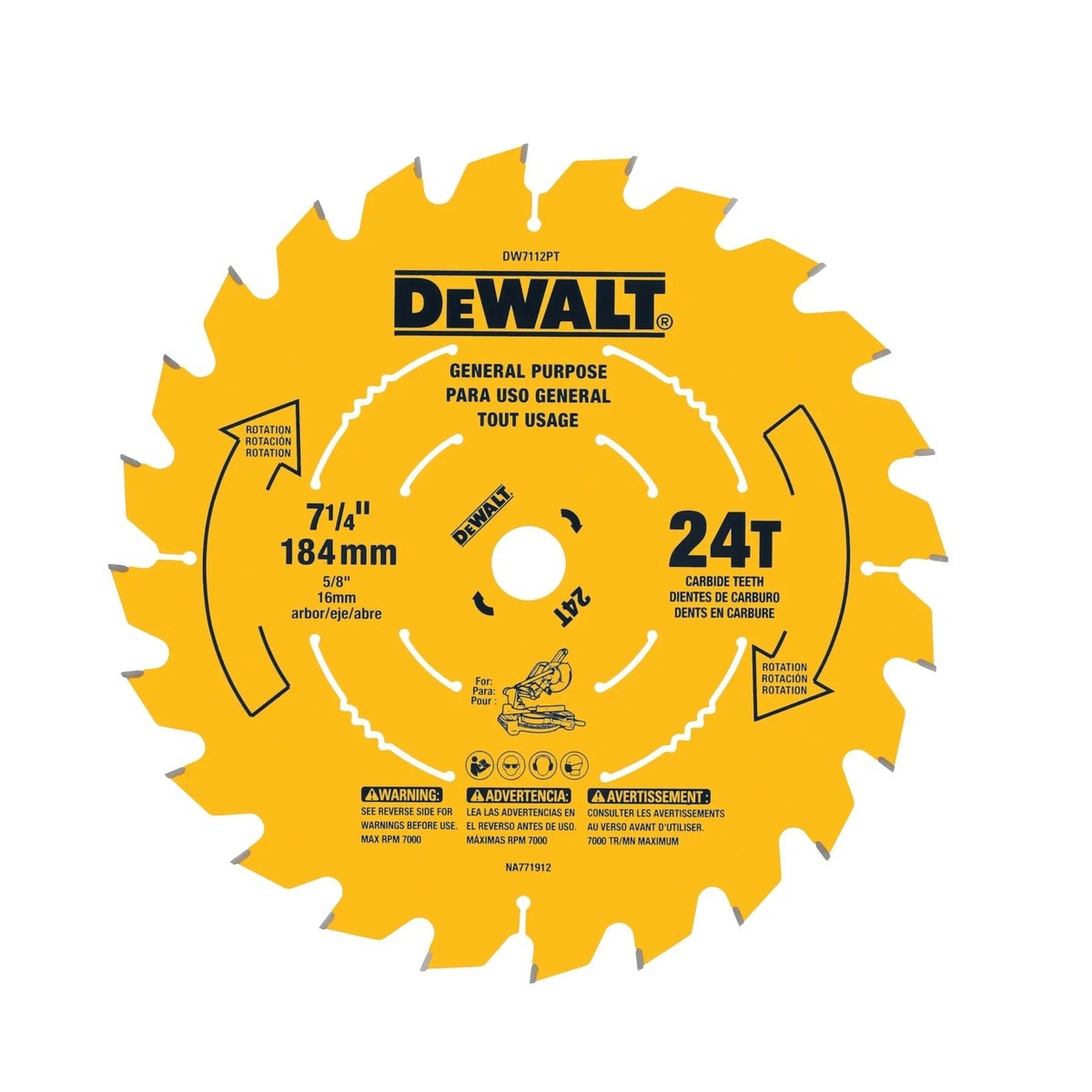 DeWalt DW7112PT 7-1/4" 24T Carbide Tipped Precision Trim Miter Saw Blade