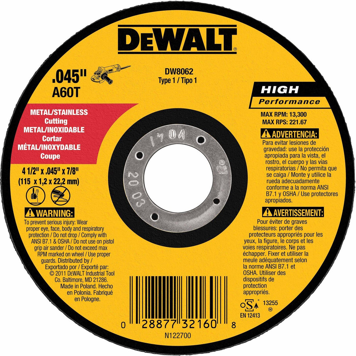 DeWalt DW8062 4-1/2" X .045" X 7/8" Type 1 Metal Cutting Thin Cutoff Wheel