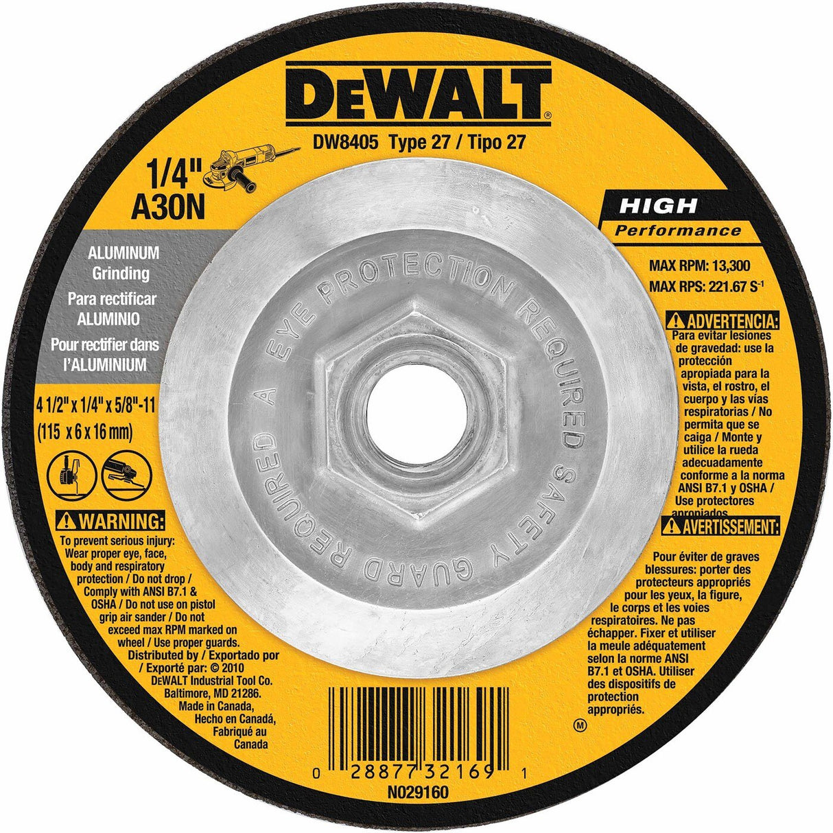DeWalt DW8405 4-1/2" x 1/4" x 5/8"-11 Aluminum Grinding Wheel