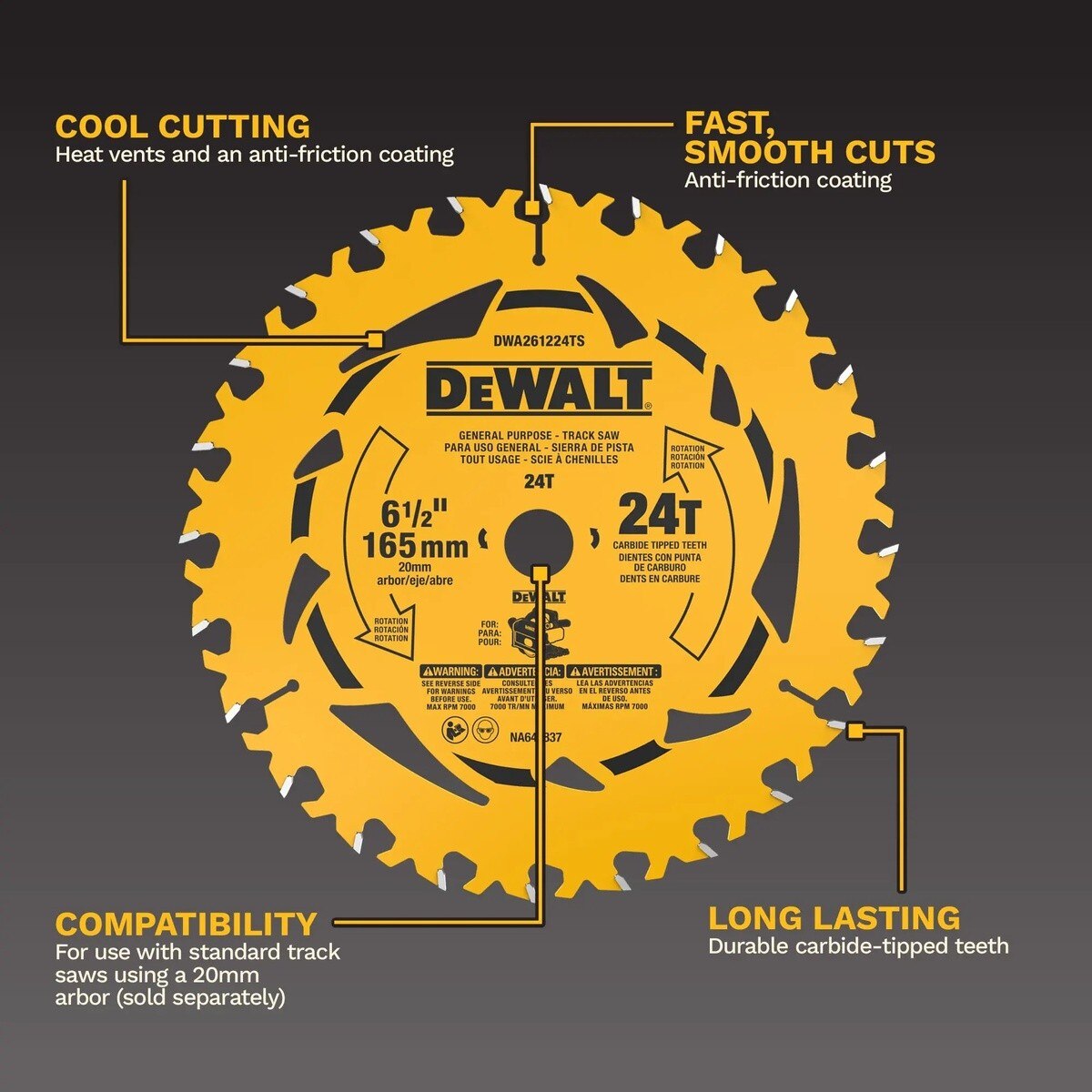 DeWalt DWA261224TS 6-1-2" 24T General Purpose Track Saw Blade with 20 mm Arbor - 2