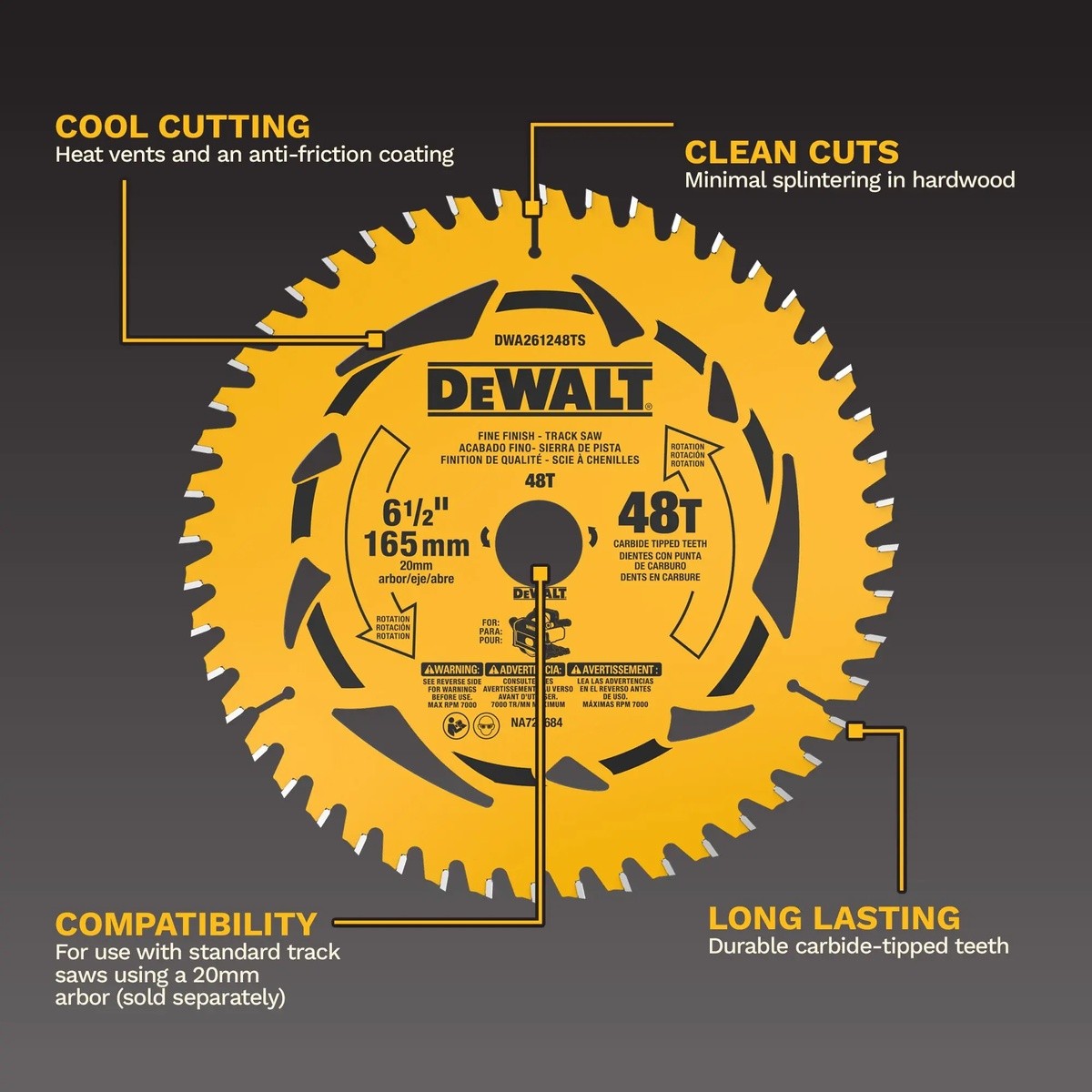 DeWalt DWA261248TS 6.5" 48T Fine Finish Carbide Track Saw Blade 20mm Arbor - 2