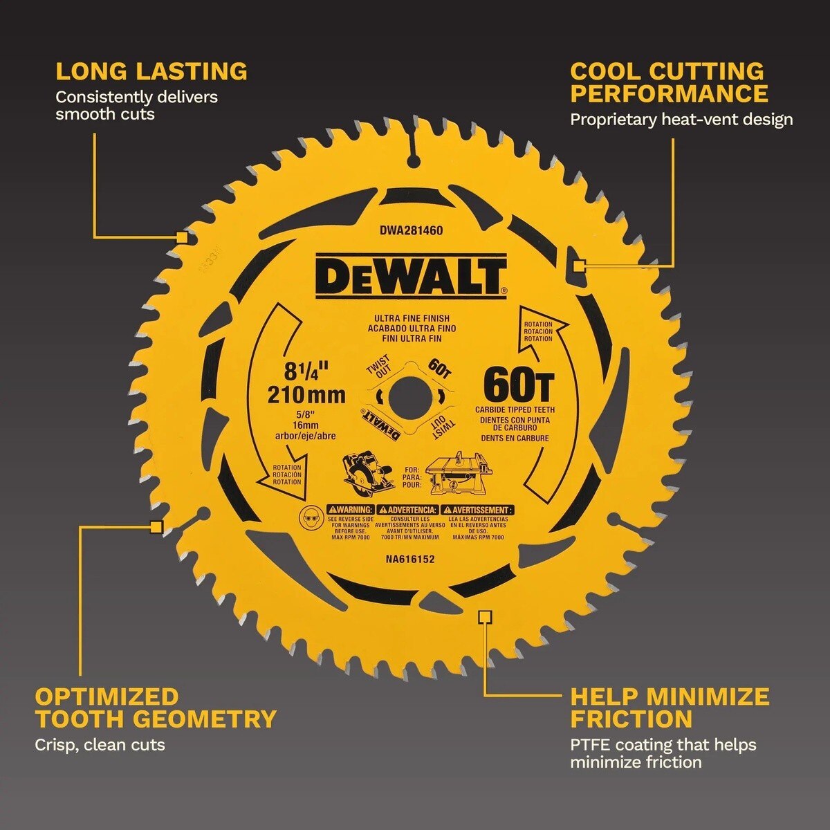 DeWalt DWA281460 8-1/4" 60T Carbide Tipped Circular Saw Blade - 3