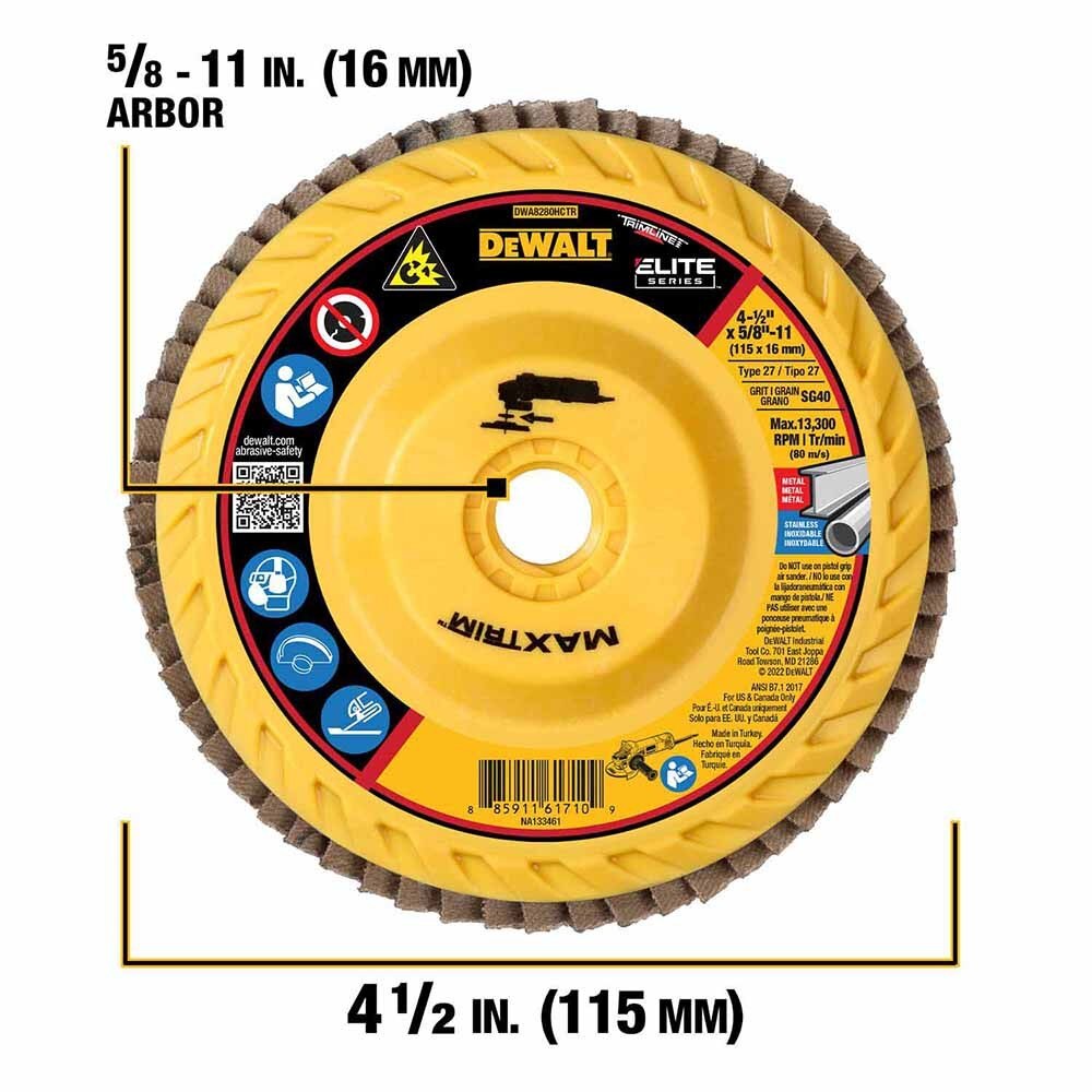 DeWalt DWA8280HCTR Elite Series , 4-1/2" x 5/8-11 40 Grit Ceramic T27 High Density Flap Disc - 2