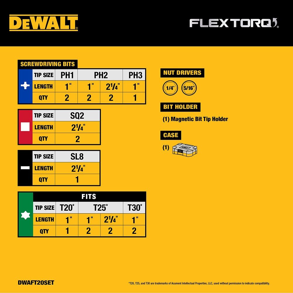 DeWalt DWAFT20SET FLEXTORQ Impact Driver Bit Set w/ Case, 20-Pack - 6