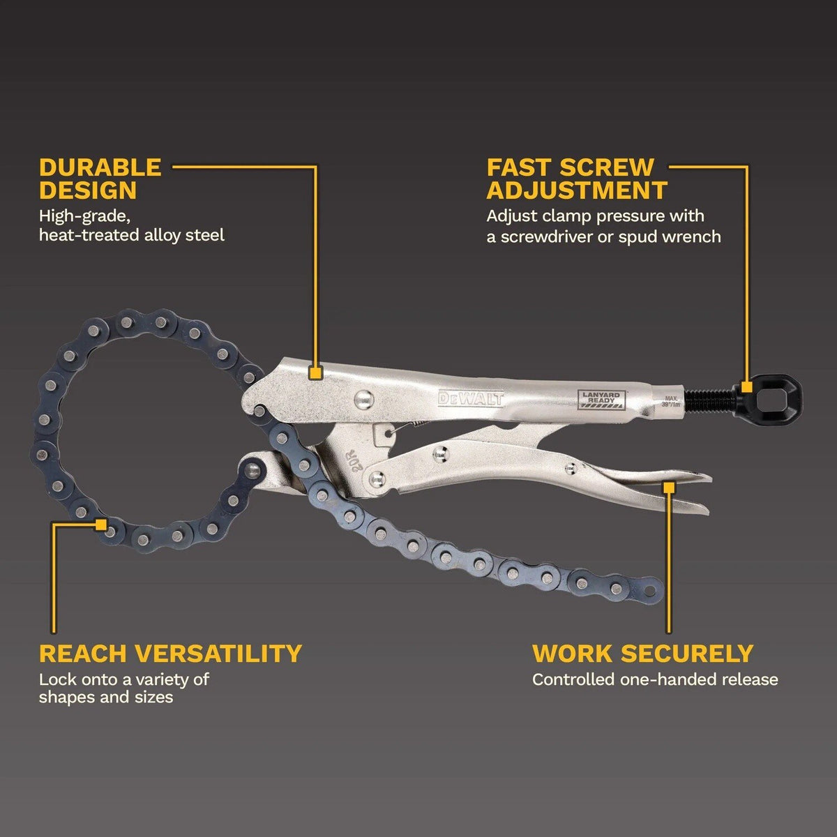 DeWalt DWHT20R 9" Locking Chain Clamp for Pipes and Irregular Shapes - 2