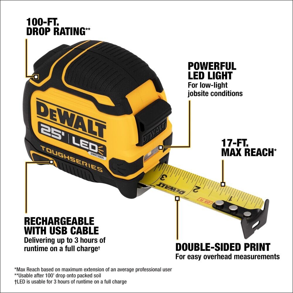 DeWalt DWHT35625S TOUGHSERIES 25' x 1-1/4" LED lighted Tape Measure , Micro USB Port - 2