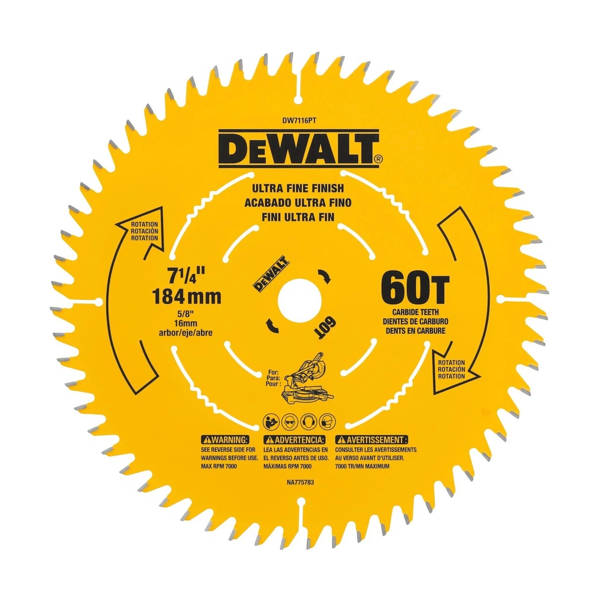 DeWalt DW7116PT 7-1/4" 60T Precision Trim Miter Saw Blade with 5/8" Arbor