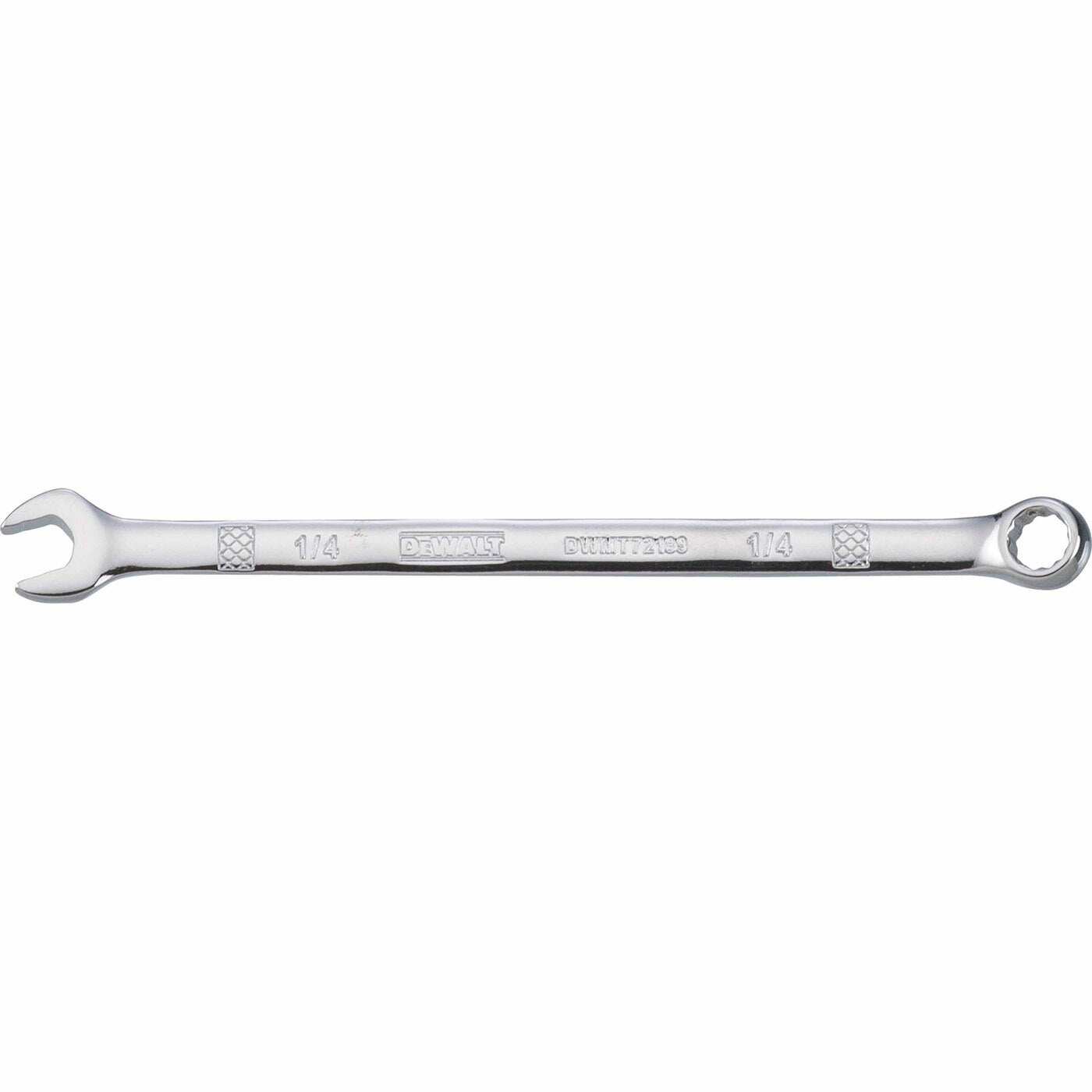 DeWalt DWMT72189OSP Mechanics Combination Wrench 1/4 inch shown as a chrome hand wrench for 1/4 inch SAE fastening in shop and mechanical work