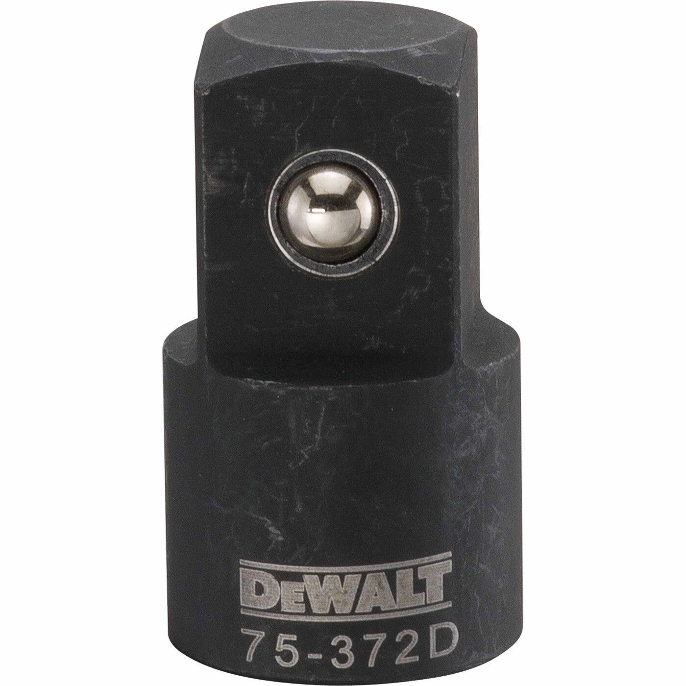 DeWalt DWMT75372OSP impact increasing adapter product image showing the 1/2 inch to 3/4 inch ball lock drive end for impact socket use in a shop or garage setup