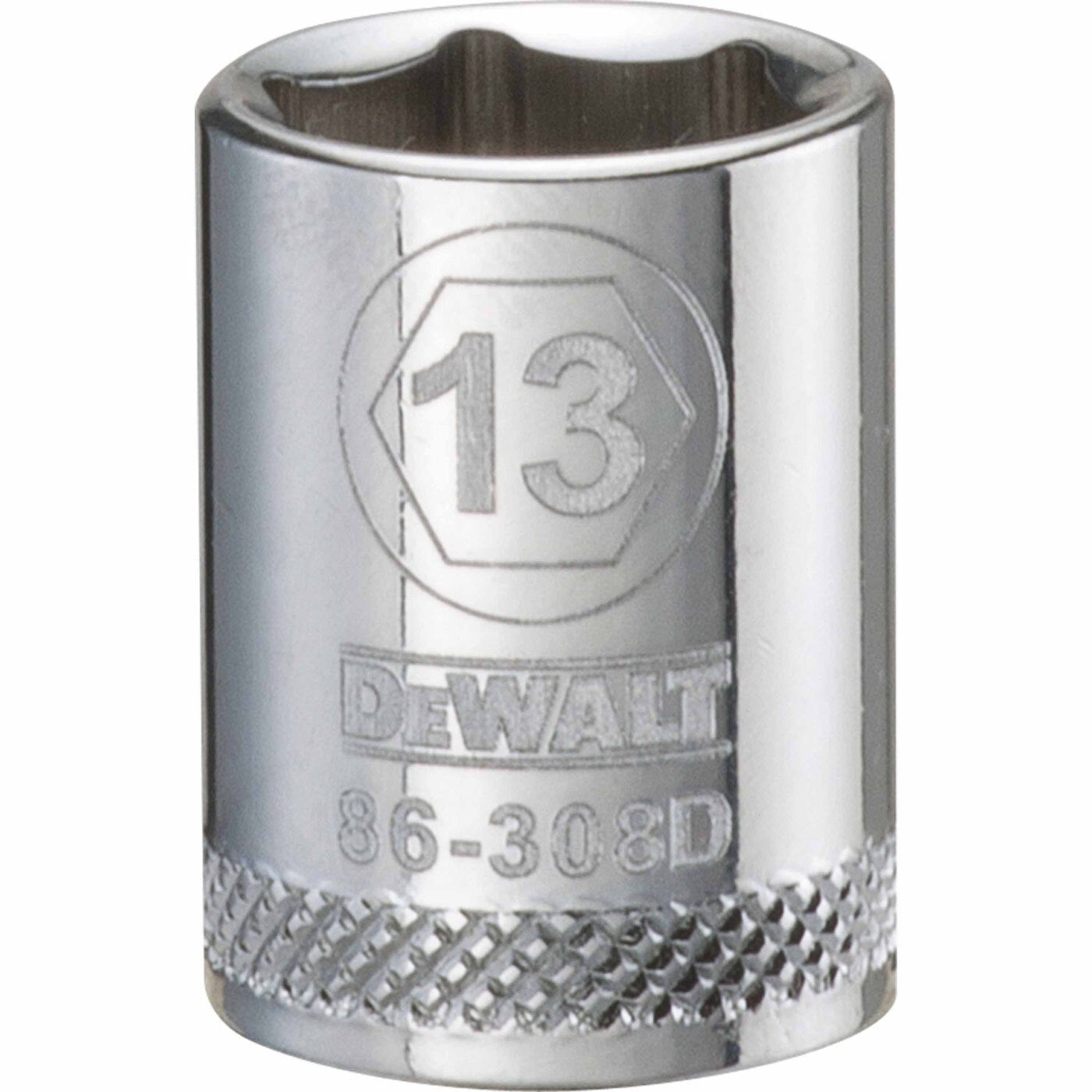 DeWalt DWMT86308OSP Mechanics 6-Point 3/8 Inch Drive Socket 13 mm product close-up showing the 13 millimeter socket body and knurled ring for shop and mechanical fastening work