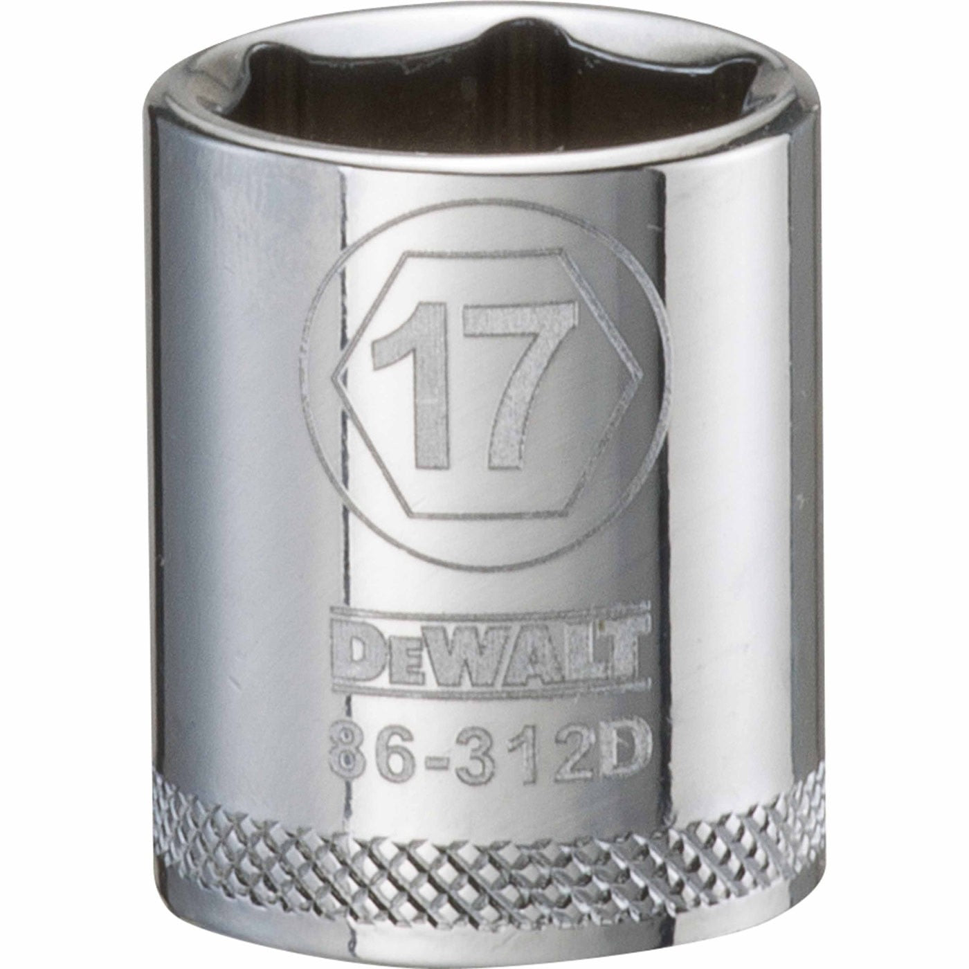DeWalt DWMT86312OSP Mechanics 6 Point 3/8 Drive Socket 17 MM product view showing the 17 mm socket body and knurled ring for mechanical fastening in shop and garage work