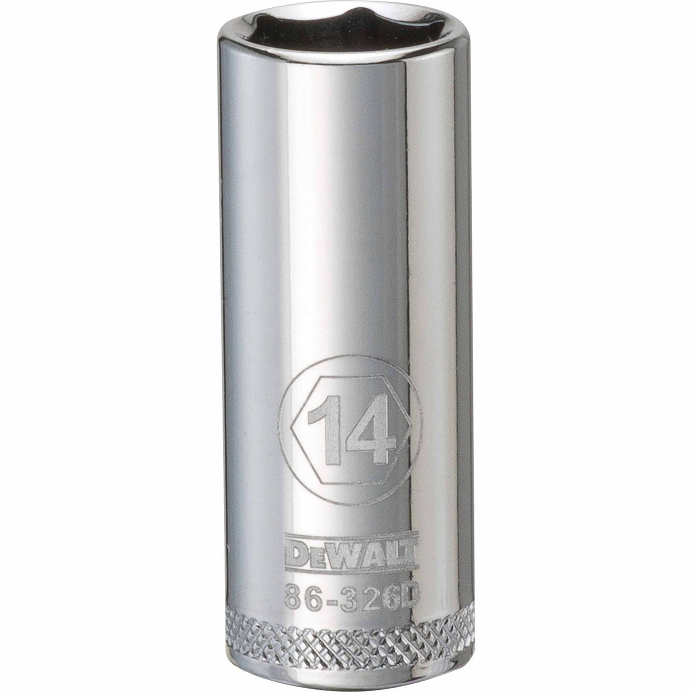 DeWalt DWMT86326OSP Mechanics 6-Point 3/8 Inch Drive Deep Socket 14 mm product shot showing the deep chrome socket body for mechanical fastening tasks in the shop or garage
