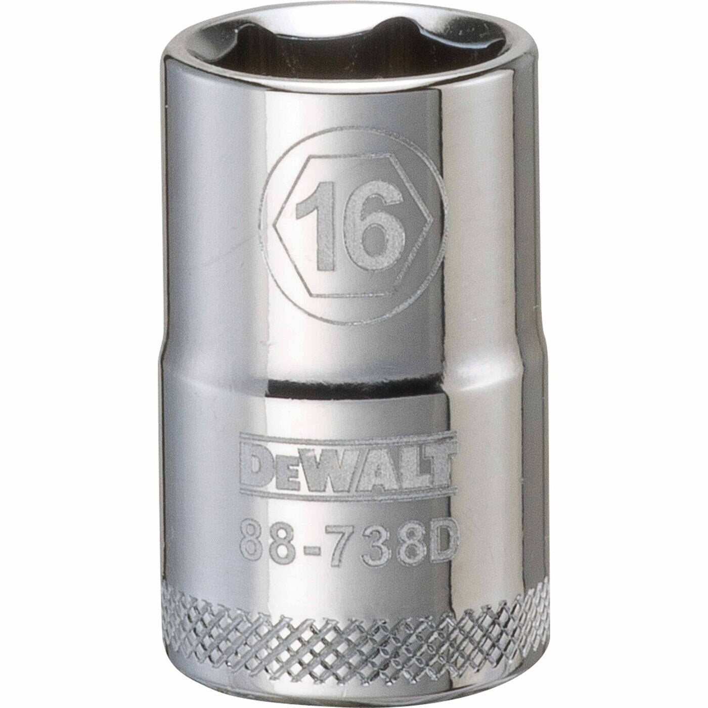 DeWalt DWMT88738OSP Mechanics 6 Point 1/2 inch Drive Socket 16 MM clean product view showing the 16 millimeter metric socket for fastening and mechanical service work
