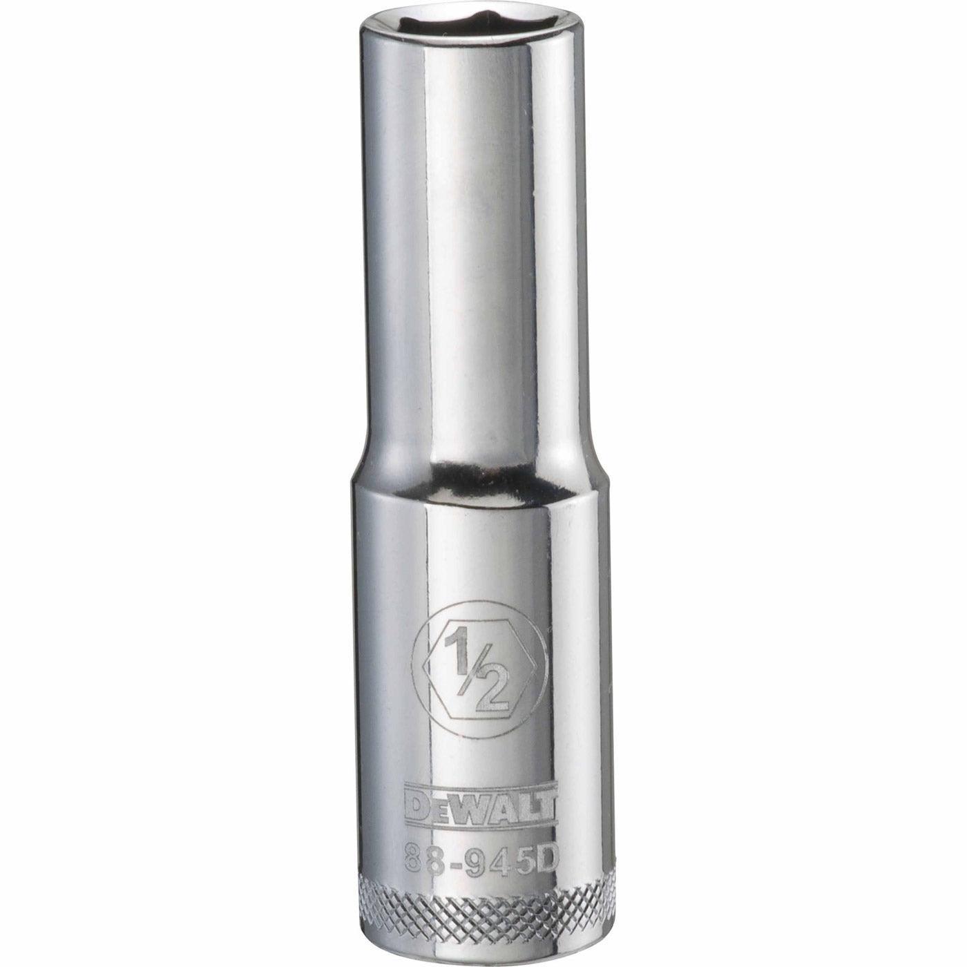 DeWalt DWMT88945OSP Mechanics 6-Point 1/2 in. Drive Deep Socket 1/2 in. shown as a chrome deep socket for fastening and loosening SAE hardware in shop and garage work