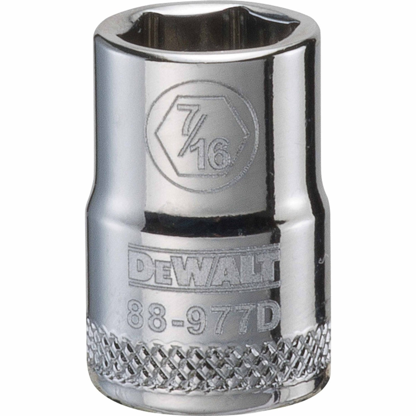 DeWalt DWMT88977OSP Mechanics 6 Point 3/8 Drive Socket 7/16 shown as a chrome hand tool socket for automotive and maintenance fastening work