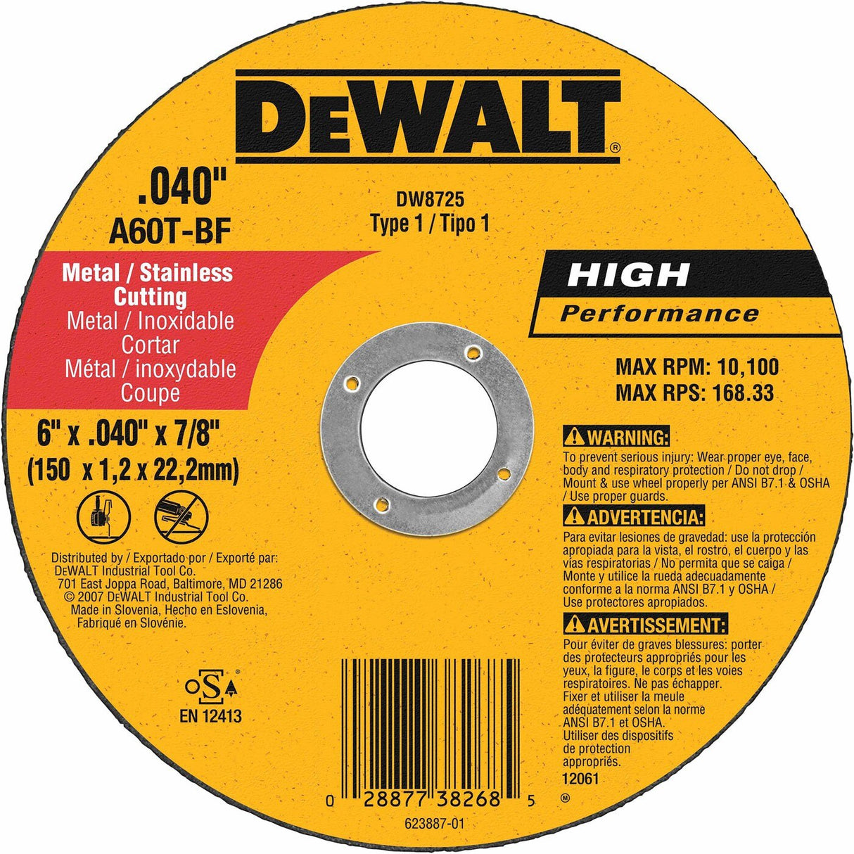 DeWalt DW8725 6" x .040" x 7/8" Thin Metal Cutoff - 2
